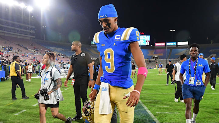 Aug 30, 2025; Pasadena, California, USA; UCLA Bruins quarterback Nico Iamaleava (9) leaves the field following the loss aganst the Utah Utes at Rose Bowl. Mandatory Credit: Gary A. Vasquez-Imagn Images