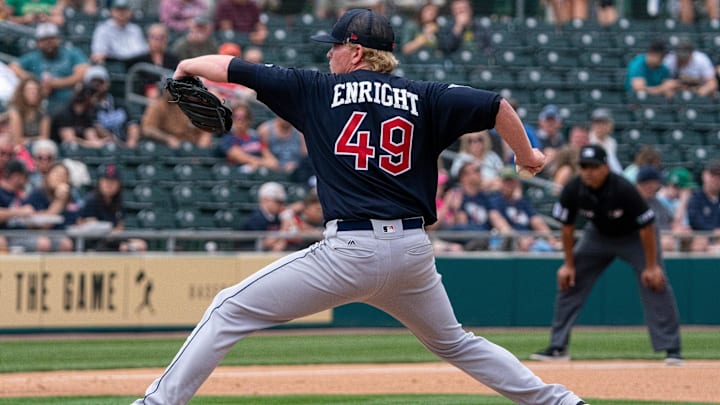 Mar 20, 2022; Mesa, Arizona, USA; Cleveland Guardians pitcher Nic Enright (49) on the mound in the fifth inning against the Oakland Athletics during spring training at Hohokam Stadium. Mandatory Credit: Allan Henry-Imagn Images Mar 20, 2022; Mesa, Arizona, USA; Cleveland Guardians pitcher Nic Enright (49) on the mound in the fifth inning against the Oakland Athletics during spring training at Hohokam Stadium. Mandatory Credit: Allan Henry-Imagn Images