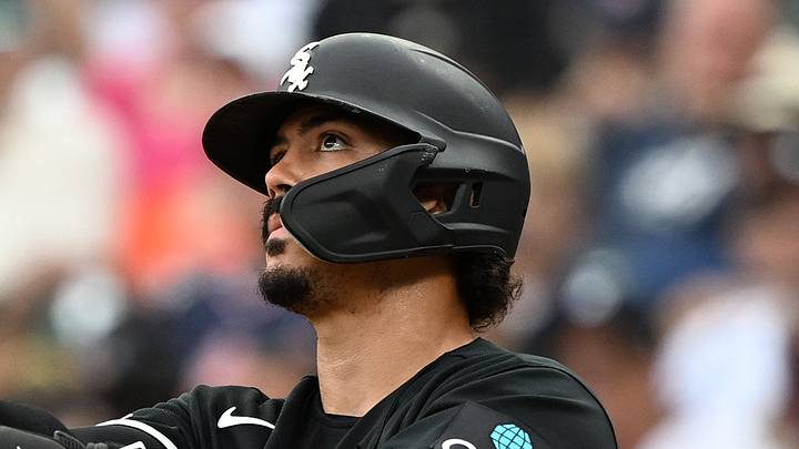 Aug 16, 2026; Detroit, Michigan, Chicago White Sox third baseman Miguel Vargas (20) hits a solo home run against the Detroit Tigers in the ninth inning at Comerica Park. Horwedel-Imagn Images