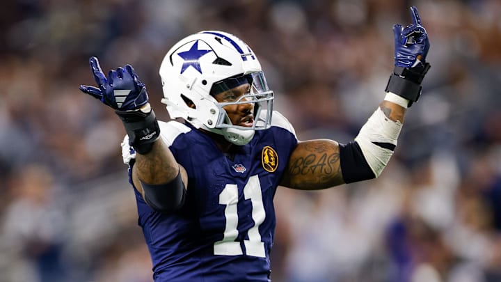 Nov 28, 2024; Arlington, Texas, USA; Dallas Cowboys linebacker Micah Parsons (11) celebrates after a sack during the third quarter against the New York Giants at AT&T Stadium. Mandatory Credit: Andrew Dieb-Imagn Images