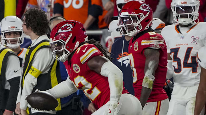 Dec 25, 2025; Kansas City, Missouri, USA; Kansas City Chiefs linebacker Nick Bolton (32) runs the ball after interception during the first quarter at GEHA Field at Arrowhead Stadium. Mandatory Credit: Denny Medley-Imagn Images