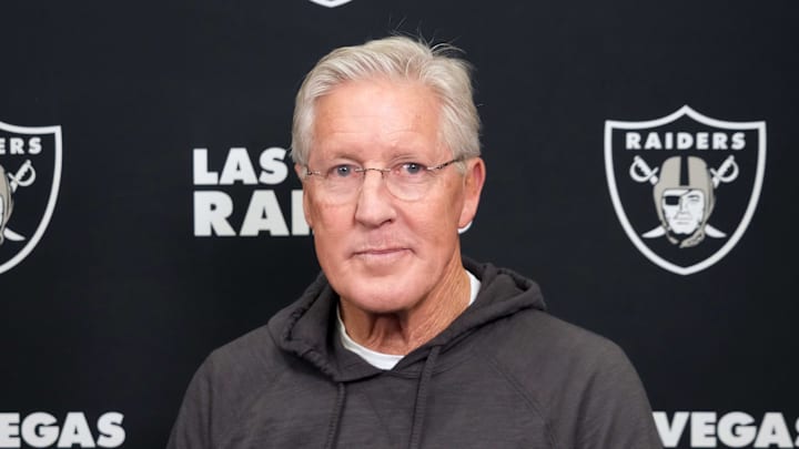 Las Vegas Raiders coach Pete Carroll talks on radio row during the NFL Scouting Combine.