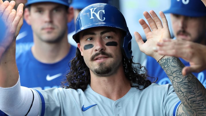 Kansas City Royals third baseman Jonathan India (6) celebrates after scoring during the first inning against the Tampa Bay Rays
