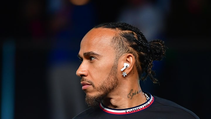 Nov 23, 2024; Las Vegas, Nevada, USA; Mercedes AMG Petronas driver Lewis Hamilton (44) is introduced before the Las Vegas Grand Prix at Las Vegas Circuit. Mandatory Credit: Gary A. Vasquez-Imagn Images