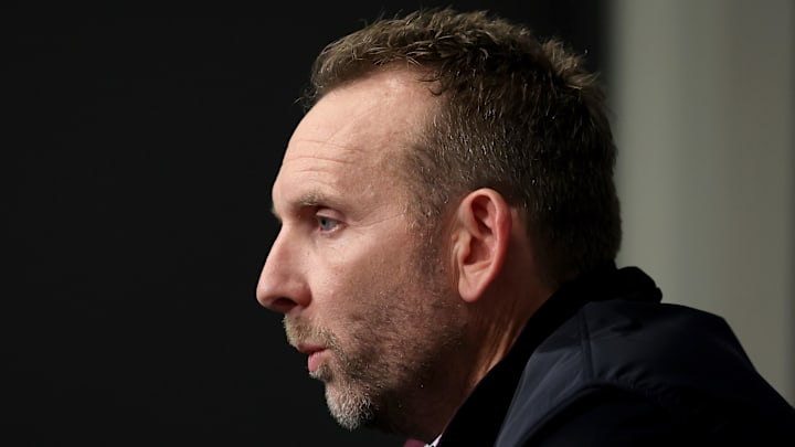 Nov 9, 2022; Brooklyn, New York, USA; Brooklyn Nets general manager Sean Marks speaks during a press conference before a game against the New York Knicks at Barclays Center. Mandatory Credit: Brad Penner-Imagn Images Nov 9, 2022; Brooklyn, New York, USA; Brooklyn Nets general manager Sean Marks speaks during a press conference before a game against the New York Knicks at Barclays Center. Mandatory Credit: Brad Penner-Imagn Images