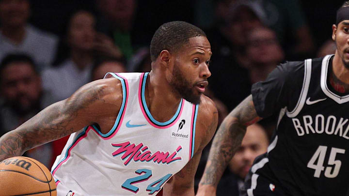 Feb 7, 2025; Brooklyn, New York, USA; Miami Heat forward Haywood Highsmith (24) dribbles as Brooklyn Nets guard Keon Johnson (45) defends during the first quarter at Barclays Center. Mandatory Credit: Vincent Carchietta-Imagn Images Feb 7, 2025; Brooklyn, New York, USA; Miami Heat forward Haywood Highsmith (24) dribbles as Brooklyn Nets guard Keon Johnson (45) defends during the first quarter at Barclays Center. Mandatory Credit: Vincent Carchietta-Imagn Images