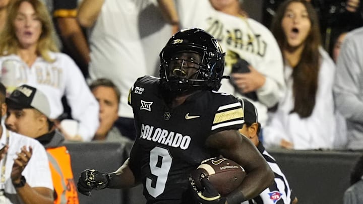 Sep 20, 2025; Boulder, Colorado, USA; Colorado Buffaloes wide receiver Sincere Brown (9) looks back after a sixty eight yard touchdown reception in second quarter against the Wyoming Cowboys at Folsom Field.