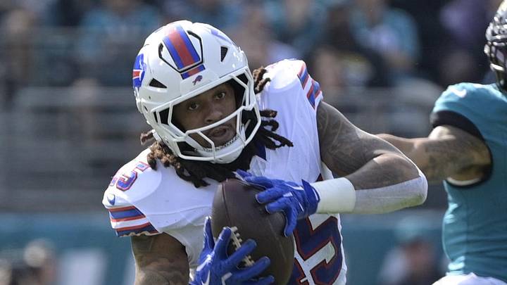 Jan 11, 2026; Jacksonville, FL, USA; Buffalo Bills linebacker Shaq Thompson (45) intercepts the ball during the first half against the Jacksonville Jaguars in an AFC Wild Card Round game at EverBank Stadium. Mandatory Credit: Melina Myers-Imagn Images
