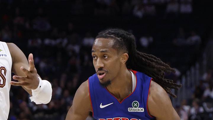 May 17, 2026; Detroit, Michigan, USA; Detroit Pistons guard Daniss Jenkins (24) dribbles against Cleveland Cavaliers guard Donovan Mitchell (45) in the second half during game seven of the second round of the 2026 NBA Playoffs at Little Caesars Arena. Mandatory Credit: Rick Osentoski-Imagn Images