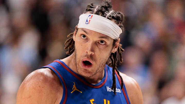 Apr 20, 2024; Denver, Colorado, USA; Denver Nuggets forward Aaron Gordon (50) reacts to defeating the Los Angeles Lakers in game one of the first round for the 2024 NBA playoffs at Ball Arena. Mandatory Credit: Andrew Wevers-Imagn Images