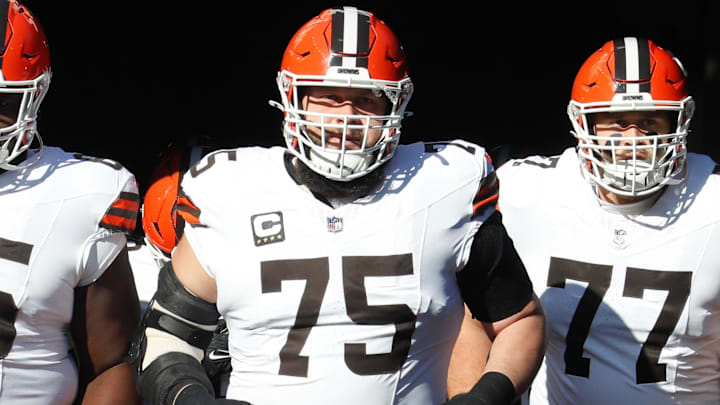 Dec 8, 2024; Pittsburgh, Pennsylvania, USA;  Cleveland Browns guards Germain Ifedi (65) and Joel Bitonio (75) and Wyatt Teller (77) take the field to play the Pittsburgh Steelers at Acrisure Stadium. Mandatory Credit: Charles LeClaire-Imagn Images