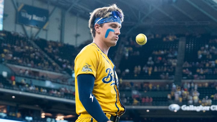 Savannah Bananas star Jackson Olson warms up before a game on Sept. 26, 2025.