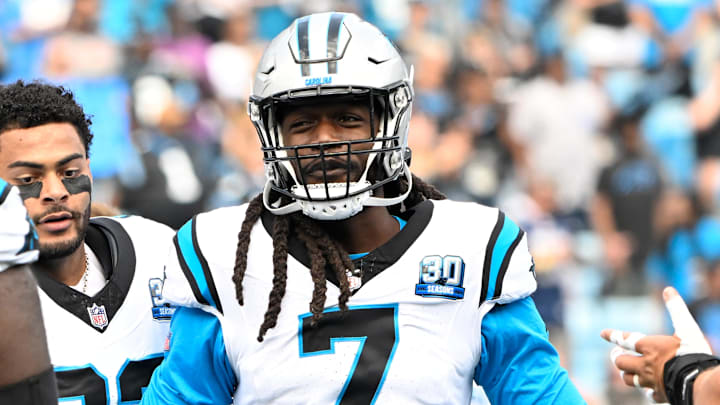 Sep 15, 2024; Charlotte, North Carolina, USA; Carolina Panthers linebacker Jadeveon Clowney (7) before the game at Bank of America Stadium. Mandatory Credit: Bob Donnan-Imagn Images