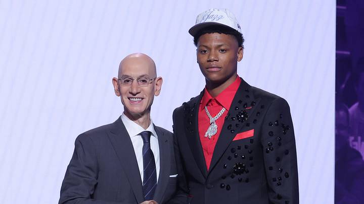 Jun 25, 2025; Brooklyn, NY, USA;  Ace Bailey stands with NBA commissioner Adam Silver after being selected as the fifth pick by the Utah Jazz in the first round of the 2025 NBA Draft at Barclays Center. Mandatory Credit: Brad Penner-Imagn Images