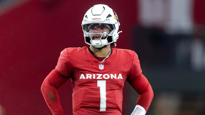 Aug 9, 2025; Glendale, Arizona, USA; Arizona Cardinals quarterback Kyler Murray (1) against the Kansas City Chiefs during a preseason NFL game at State Farm Stadium. Mandatory Credit: Mark J. Rebilas-Imagn Images