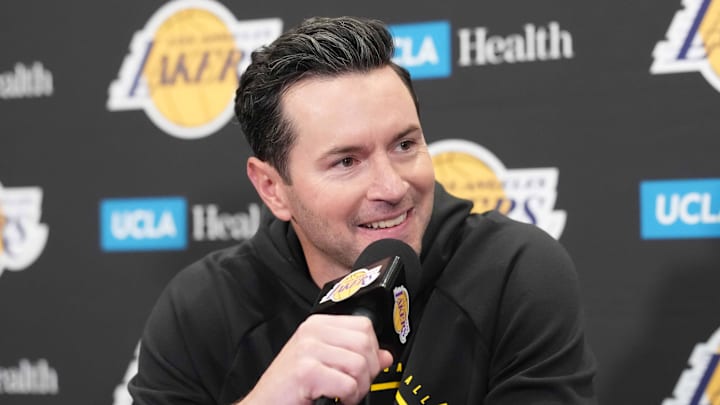 Mar 3, 2026; Los Angeles, California, USA; Los Angeles Lakers head coach JJ Redick at a press conference at the Crypto.com Arena. Mandatory Credit: Kirby Lee-Imagn Images