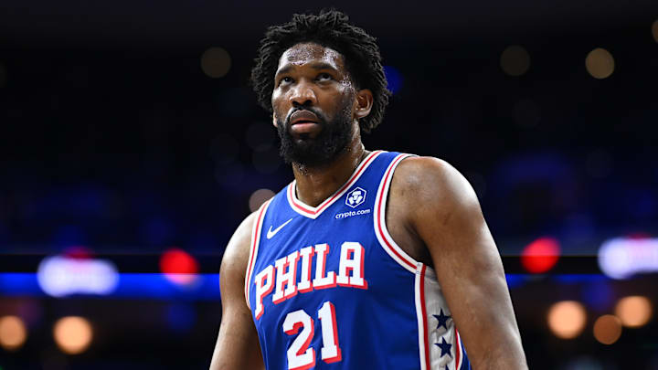 Feb 4, 2025; Philadelphia, Pennsylvania, USA; Philadelphia 76ers center Joel Embiid (21) looks on against the Dallas Mavericks in the third quarter at Wells Fargo Center. Mandatory Credit: Kyle Ross-Imagn Images