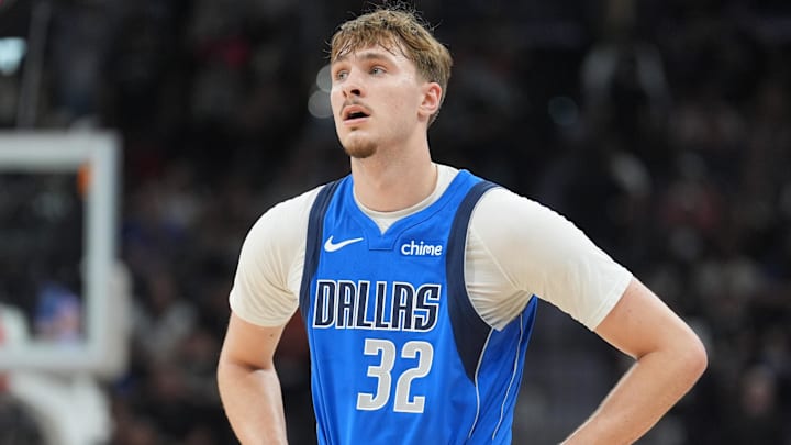Feb 7, 2026; San Antonio, Texas, USA;  Dallas Mavericks forward Cooper Flagg (32) looks on in the first half against the San Antonio Spurs at Frost Bank Center. Mandatory Credit: Daniel Dunn-Imagn Images