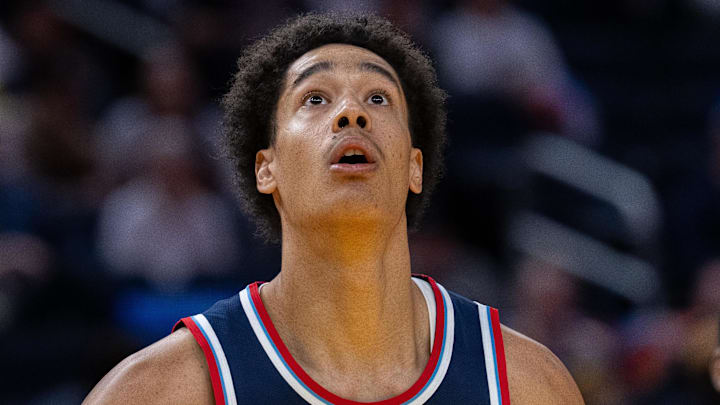 Oct 28, 2025; San Francisco, California, USA; HEADSHOT LA Clippers center Yanic Konan Niederhäuser (14) looks to rebound the shot against Golden State Warriors forward Jonathan Kuminga (1) during the fourth quarter at Chase Center. Mandatory Credit: Neville E. Guard-Imagn Images