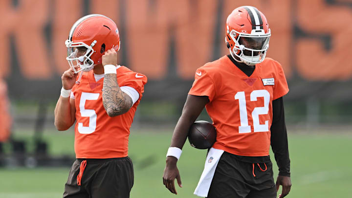 Cleveland Browns quarterbacks Dillon Gabriel (5) and quarterback Shedeur Sanders (12) during mini camp.