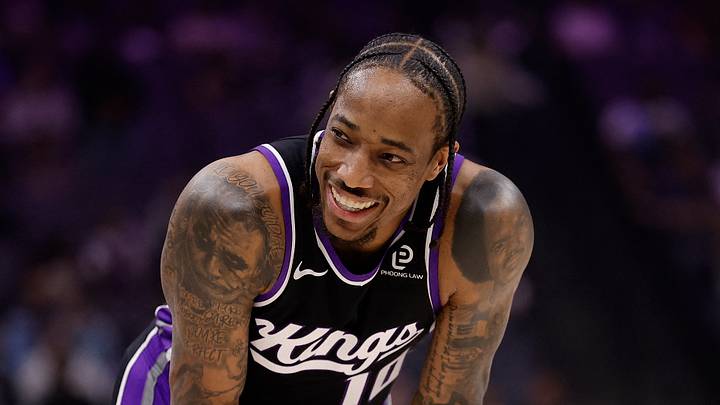 Mar 11, 2026; Sacramento, California, USA; Sacramento Kings forward/guard DeMar DeRozan (10) smiles between plays against the Charlotte Hornets during the first quarter at Golden 1 Center. Mandatory Credit: Kelley L Cox-Imagn Images