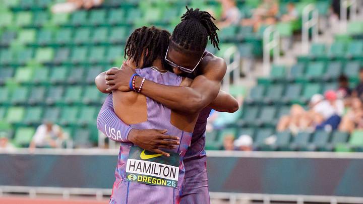 USA’s Tate Taylor, right, embraces teammate Blake Hamilton after the pair finished first and second, respectively, in the men’s 200 meters on the fourth day of the World Athletics U20 Championships on August 8, 2026 at Hayward Field in Eugene, Oregon. USA’s Tate Taylor, right, embraces teammate Blake Hamilton after the pair finished first and second, respectively, in the men’s 200 meters on the fourth day of the World Athletics U20 Championships on August 8, 2026 at Hayward Field in Eugene, Oregon.