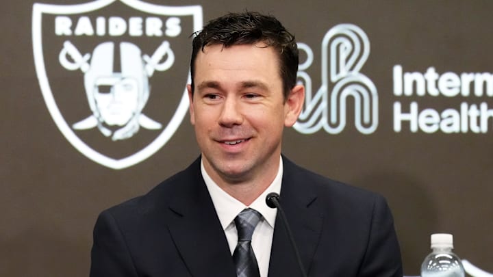 Feb 10, 2026; Henderson, NV, USA; Las Vegas Raiders coach Klint Kubiak speaks at introductory press conference at Intermountain Health Performance Center. Mandatory Credit: Kirby Lee-Imagn Images Feb 10, 2026; Henderson, NV, USA; Las Vegas Raiders coach Klint Kubiak speaks at introductory press conference at Intermountain Health Performance Center. Mandatory Credit: Kirby Lee-Imagn Images