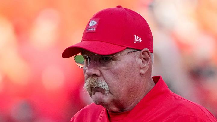 Aug 22, 2025; Kansas City, Missouri, USA; Kansas City Chiefs head coach Andy Reid on field against the Chicago Bears during the first half of the game at GEHA Field at Arrowhead Stadium. Mandatory Credit: Denny Medley-Imagn Images