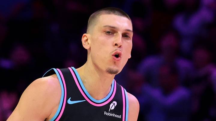 Miami Heat guard Tyler Herro (14) reacts after scoring against the Philadelphia 76ers during the fourth quarter at Kaseya Center on March 30, 2026.