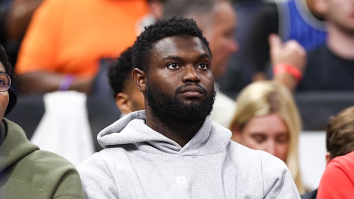 Nov 8, 2024; Orlando, Florida, USA; New Orleans Pelicans forward Zion Williamson (1) looks on from the bench against the Orlando Magic in the third quarter at Kia Center. Mandatory Credit: Nathan Ray Seebeck-Imagn Images