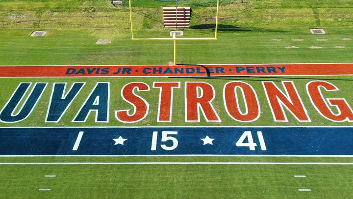 UVA Strong adorns the field at Scott Stadium UVA Strong adorns the field at Scott Stadium