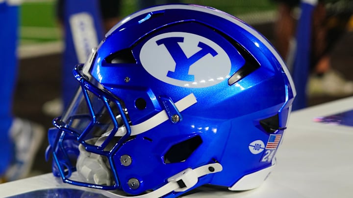 Sep 14, 2024; Laramie, Wyoming, USA; A general view of the Brigham Young Cougars helmet against the Wyoming Cowboys during the second quarter at Jonah Field at War Memorial Stadium. Sep 14, 2024; Laramie, Wyoming, USA; A general view of the Brigham Young Cougars helmet against the Wyoming Cowboys during the second quarter at Jonah Field at War Memorial Stadium.