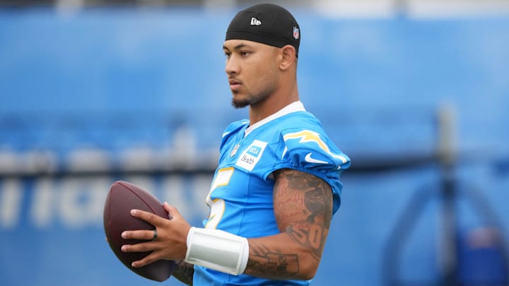 Jul 21, 2025; El Segundo, CA, USA; Los Angeles Chargers quarterback Trey Lance (5) at training camp at The Bolt. Mandatory Credit: Kirby Lee-Imagn Images