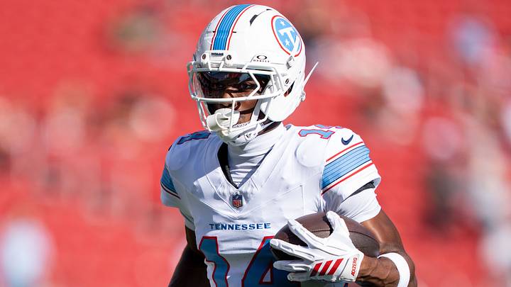 August 13, 2026; Santa Clara, California, USA; Tennessee Titans wide receiver Carnell Tate (14) warms up before the game against the San Francisco 49ers at Levi's Stadium. Mandatory Credit: Kyle Terada-Imagn Images