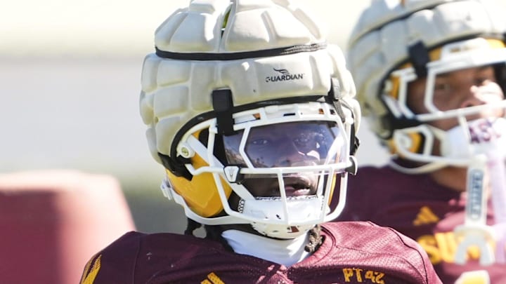 Arizona State wide receiver Omarion Miller (4) during practice on March 24, 2026, at Kajikawa Practice Fields in Tempe.