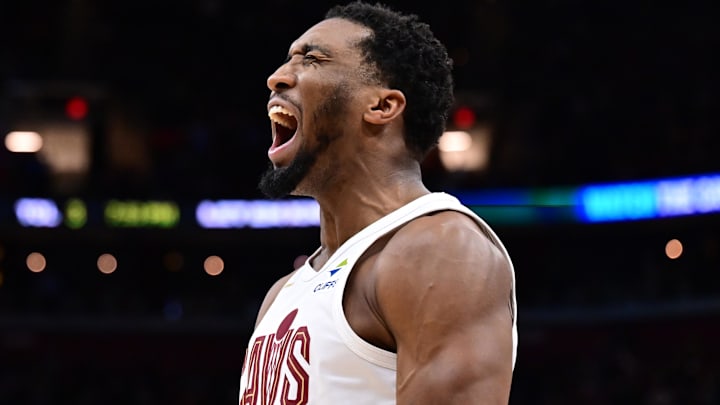 Apr 6, 2025; Cleveland, Ohio, USA; Cleveland Cavaliers guard Donovan Mitchell (45) reacts after a play during the second half against the Sacramento Kings at Rocket Arena. Mandatory Credit: Ken Blaze-Imagn Images