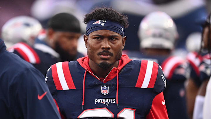 August 8, 2024; Foxborough, MA, USA;  New England Patriots cornerback Jonathan Jones (31) on the sideline during the first half against the Carolina Panthers at Gillette Stadium. Mandatory Credit: Eric Canha-Imagn Images
