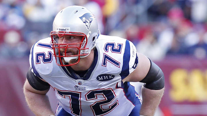December 11, 2011; Landover, MD, USA; New England Patriots tackle Matt Light (72) lines up against the Washington Redskins at FedEx Field. Mandatory Credit: Geoff Burke-Imagn Images