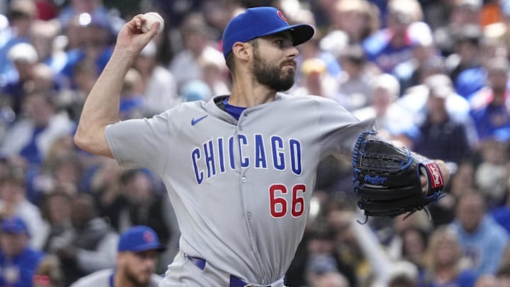 May 4, 2025; Milwaukee, Wisconsin, USA; Chicago Cubs pitcher Julian Merryweather (66) delivers a pitch against the Milwaukee Brewers in the sixth inning at American Family Field May 4, 2025; Milwaukee, Wisconsin, USA; Chicago Cubs pitcher Julian Merryweather (66) delivers a pitch against the Milwaukee Brewers in the sixth inning at American Family Field