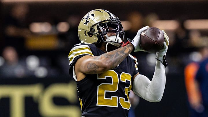 Oct 17, 2024; New Orleans, Louisiana, USA;  New Orleans Saints cornerback Marshon Lattimore (23) during the warmups before the game against the Denver Broncos at Caesars Superdome. Mandatory Credit: Stephen Lew-Imagn Images