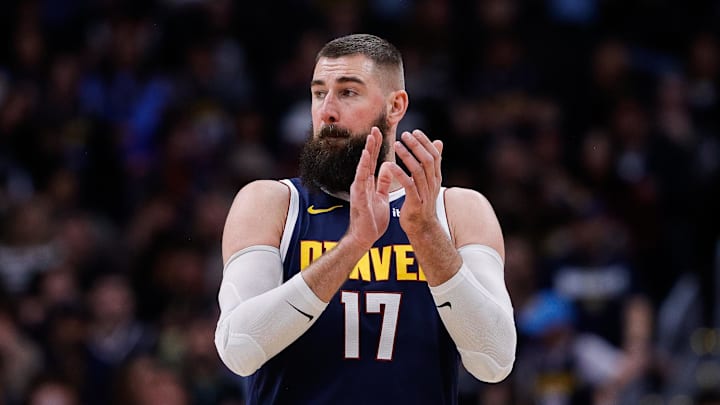Dec 22, 2025; Denver, Colorado, USA; Denver Nuggets center Jonas Valanciunas (17) gestures in the fourth quarter against the Utah Jazz at Ball Arena. Dec 22, 2025; Denver, Colorado, USA; Denver Nuggets center Jonas Valanciunas (17) gestures in the fourth quarter against the Utah Jazz at Ball Arena.
