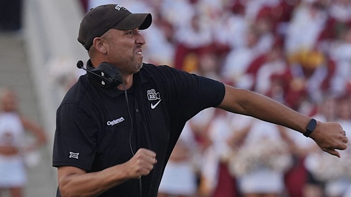 Iowa State Cyclones' football head coach Matt Campbell reacts during the first quarter game against Arizona in the Big-12 conference showdown on Sept. 27, 2025, at Jack Trice Stadium in Ames, Iowa.