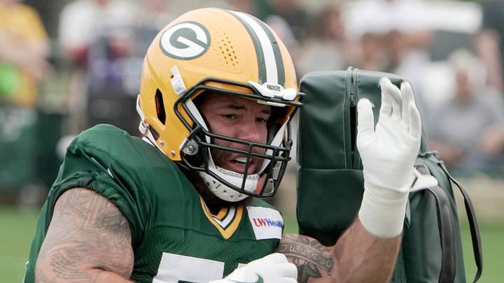Green Bay Packers linebacker Isaiah McDuffie goes through drills during training camp. Green Bay Packers linebacker Isaiah McDuffie goes through drills during training camp.
