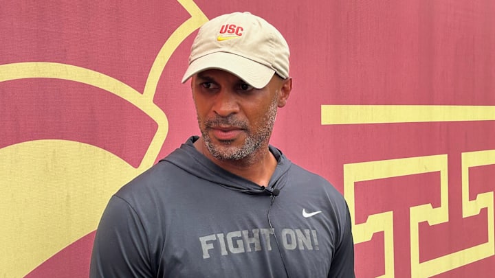Defensive coordinator D'Anton Lynn speaks to the media after USC Fall Camp. 