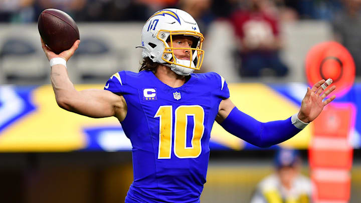 Dec 10, 2023; Inglewood, California, USA; Los Angeles Chargers quarterback Justin Herbert (10) throws against the Denver Broncos during the first half at SoFi Stadium. Mandatory Credit: Gary A. Vasquez-Imagn Images Dec 10, 2023; Inglewood, California, USA; Los Angeles Chargers quarterback Justin Herbert (10) throws against the Denver Broncos during the first half at SoFi Stadium. Mandatory Credit: Gary A. Vasquez-Imagn Images