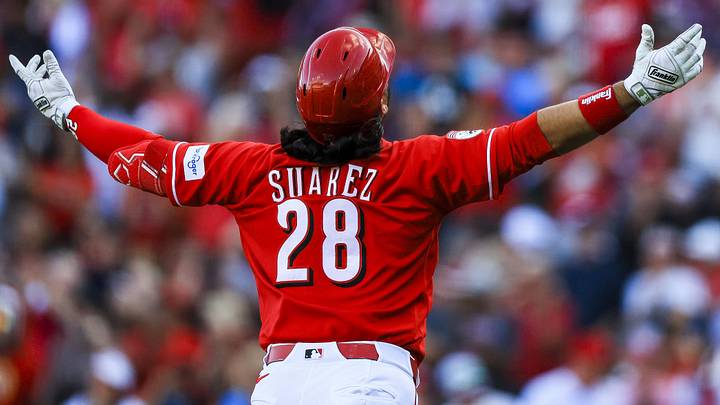 Cincinnati Reds third baseman Eugenio Suarez (28) reacts