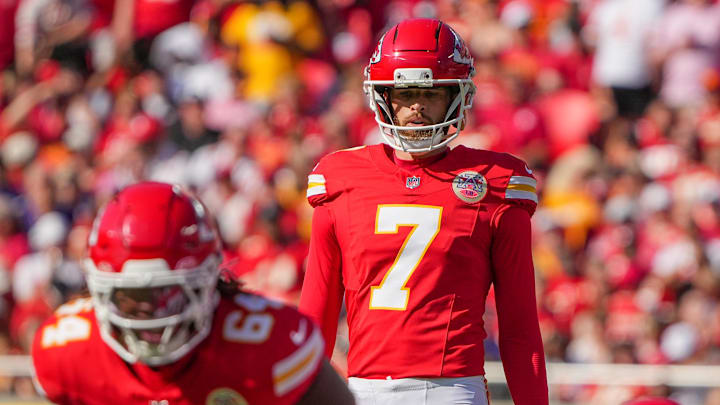 Sep 28, 2025; Kansas City, Missouri, USA; Kansas City Chiefs kicker Harrison Butker (7) readies for a field goal attempt against the Baltimore Ravens during the game at GEHA Field at Arrowhead Stadium. Mandatory Credit: Denny Medley-Imagn Images