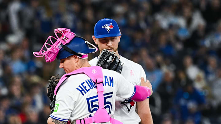 May 10, 2026; Toronto, Ontario, CAN; Toronto Blue Jays catcher Tyler Heineman (55) has a discussion with starting pitcher Eric Lauer (56) against the Los Angeles Angels in the fifth inning at Rogers Centre. Mandatory Credit: David Kirouac-Imagn Images