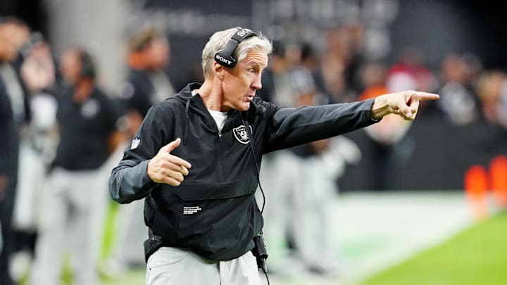 Oct 12, 2025; Paradise, Nevada, USA; Las Vegas Raiders head coach Pete Carroll reacts on the sidelines during the second half against the Tennessee Titans at Allegiant Stadium. Mandatory Credit: Stephen R. Sylvanie-Imagn Images