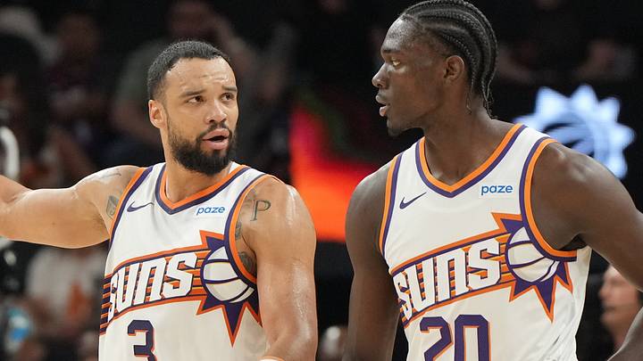 Oct 10, 2026; Phoenix, Arizona, USA;  Phoenix Suns forward Dillon Brooks (3) and forward Rasheer Fleming (20) against the San Antonio Spurs in the first half at Mortgage Matchup Center.  Mandatory Credit: Rick Scuteri-Imagn Images